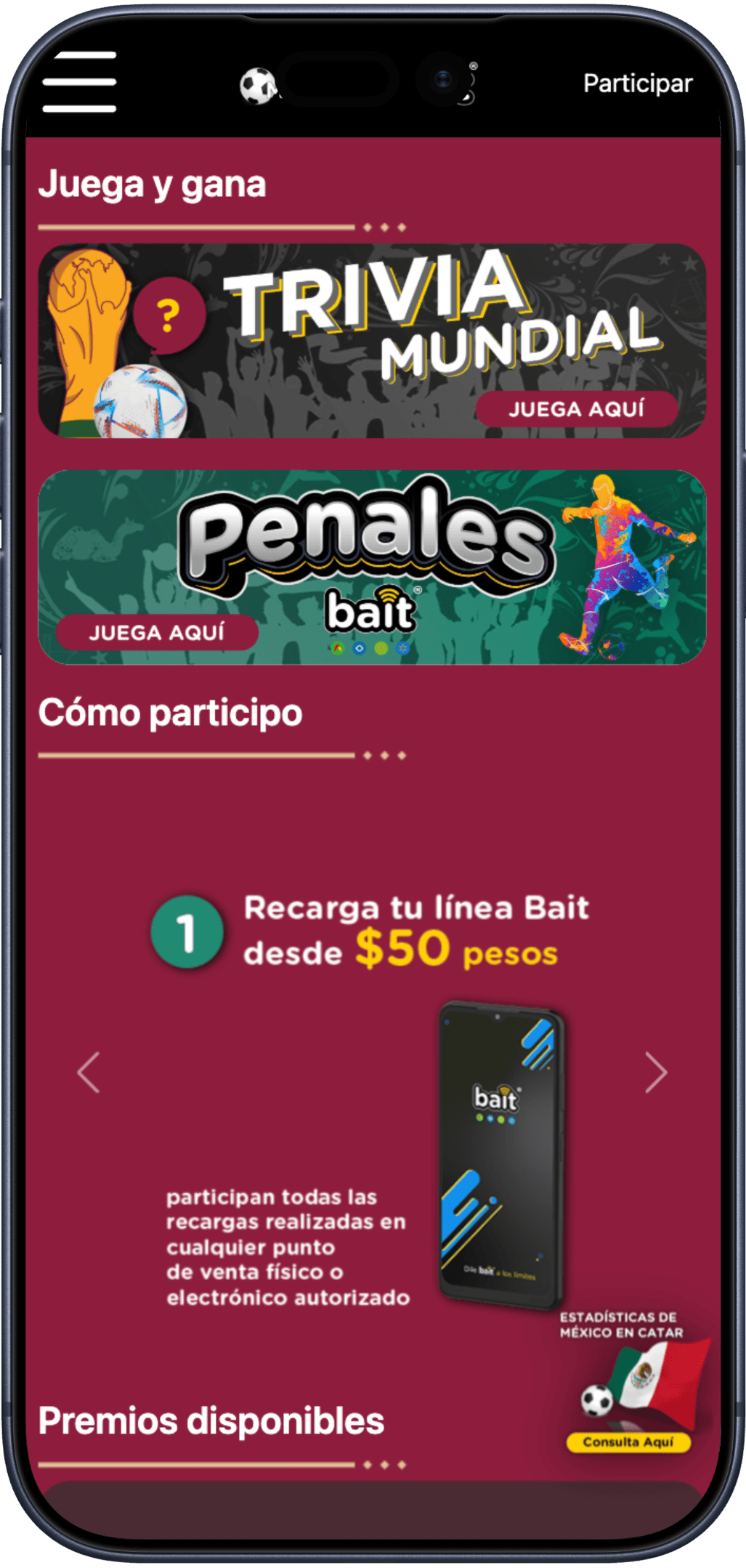 The campaign section at a phone viewport, with the Trivia Mundial and Penales banners stacked full width above the participation steps, the first reading: top up your Bait line from fifty pesos