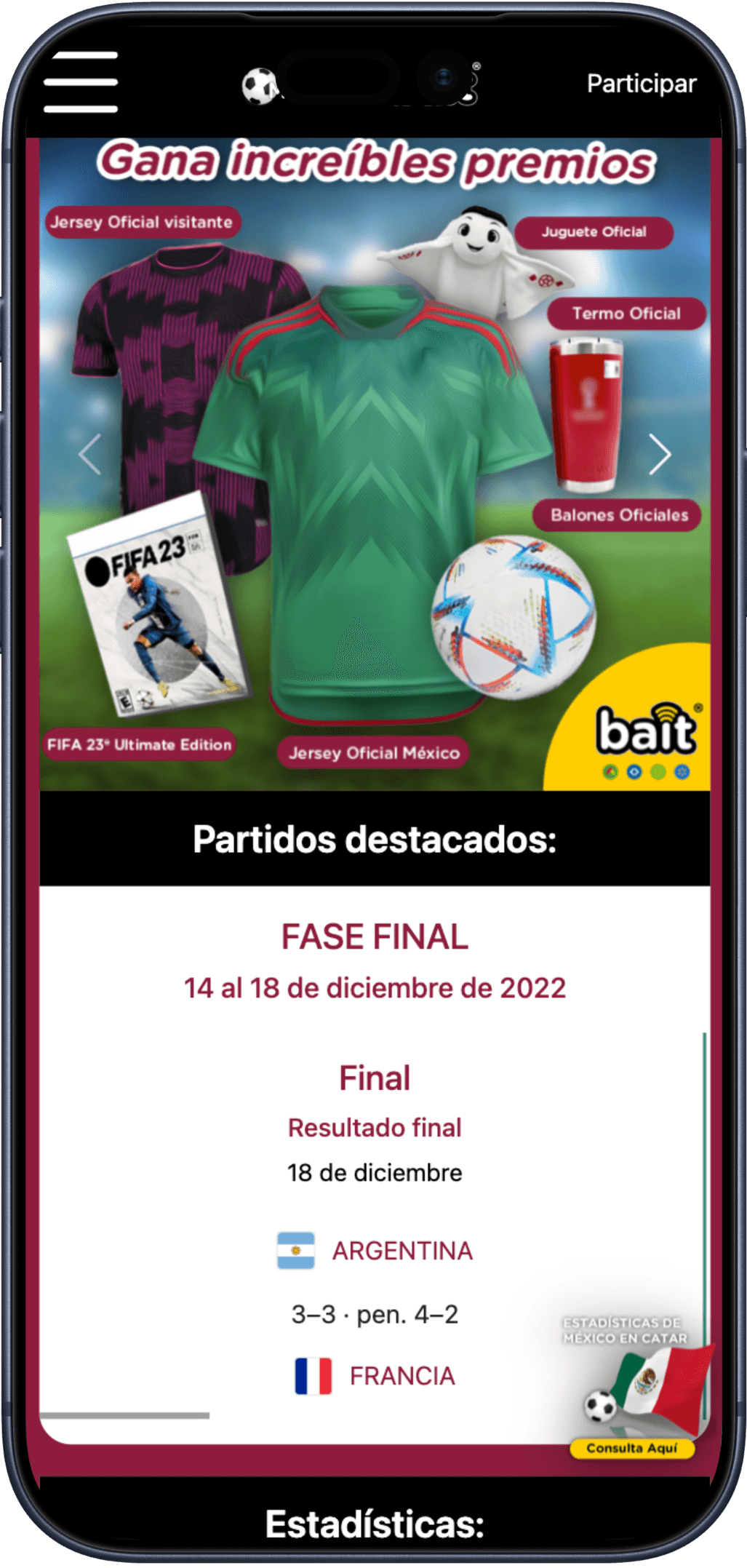 The same homepage at a phone viewport, with the navigation collapsed into a menu, the prizes carousel showing the official Mexico jersey, and the featured fixtures panel reporting the final: Argentina 3–3 France, 4–2 on penalties