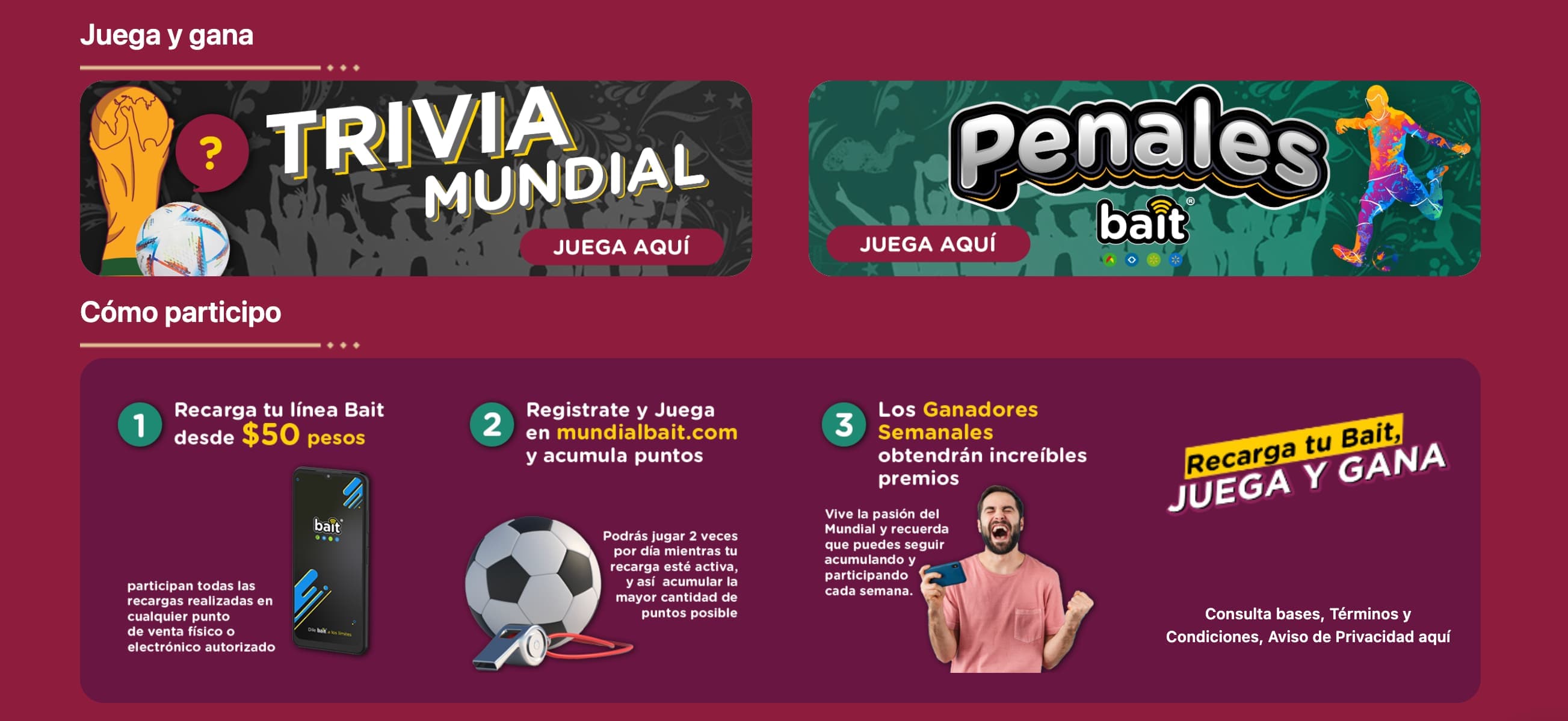 Trivia Mundial and Penales game entry banners above the three-step participation block