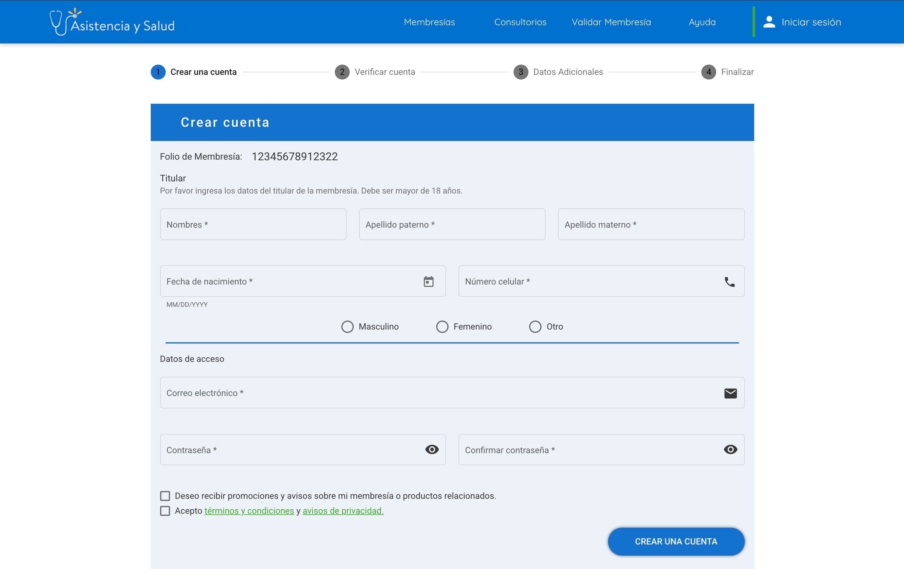 Step one of the account creation wizard, showing the four-step progress indicator above the membership holder's personal details and access credentials