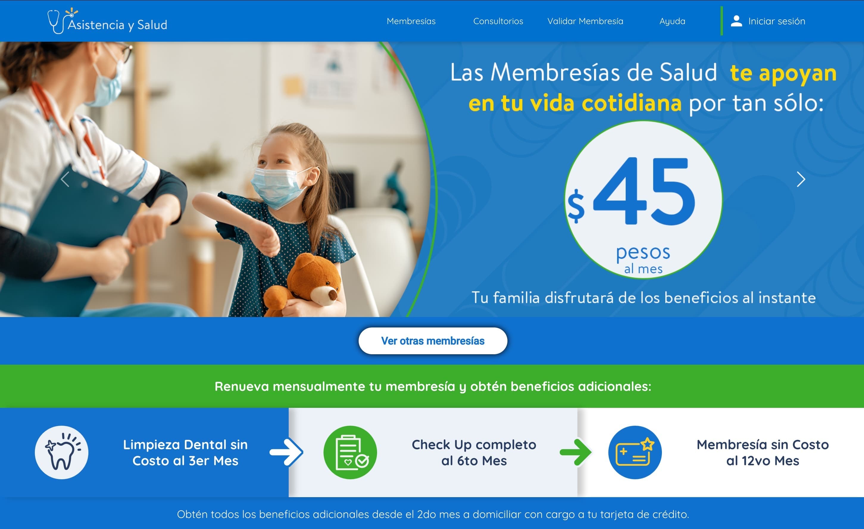 Salud Walmart homepage anchoring the membership at forty-five pesos a month, above a three-column band showing the benefits earned by renewing: a dental cleaning at the third month, a full check-up at the sixth, a free membership at the twelfth