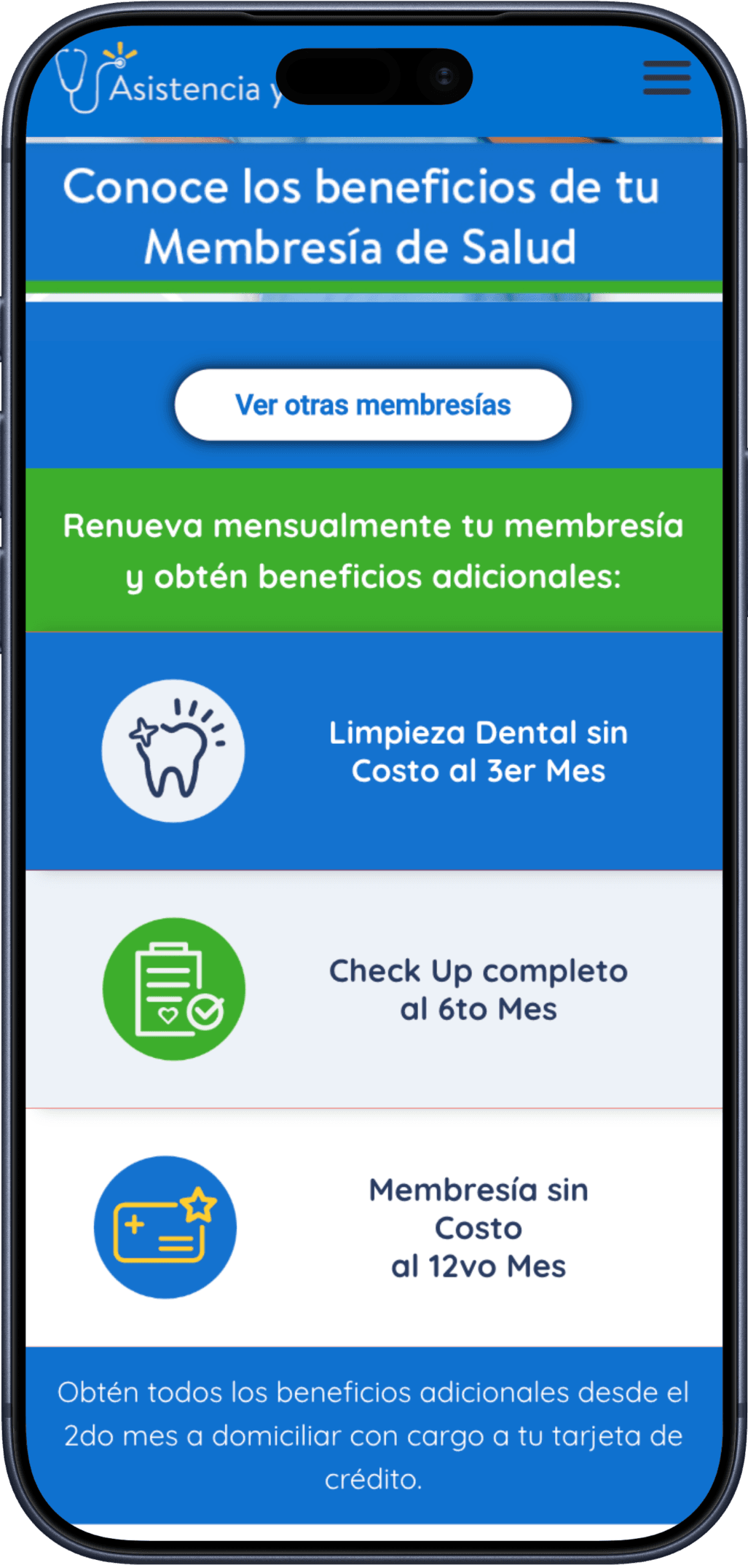 The Salud Walmart site at an iPhone viewport, with the navigation collapsed into a menu and the renewal benefits stacked into a single column: a dental cleaning at the third month, a full check-up at the sixth, a free membership at the twelfth