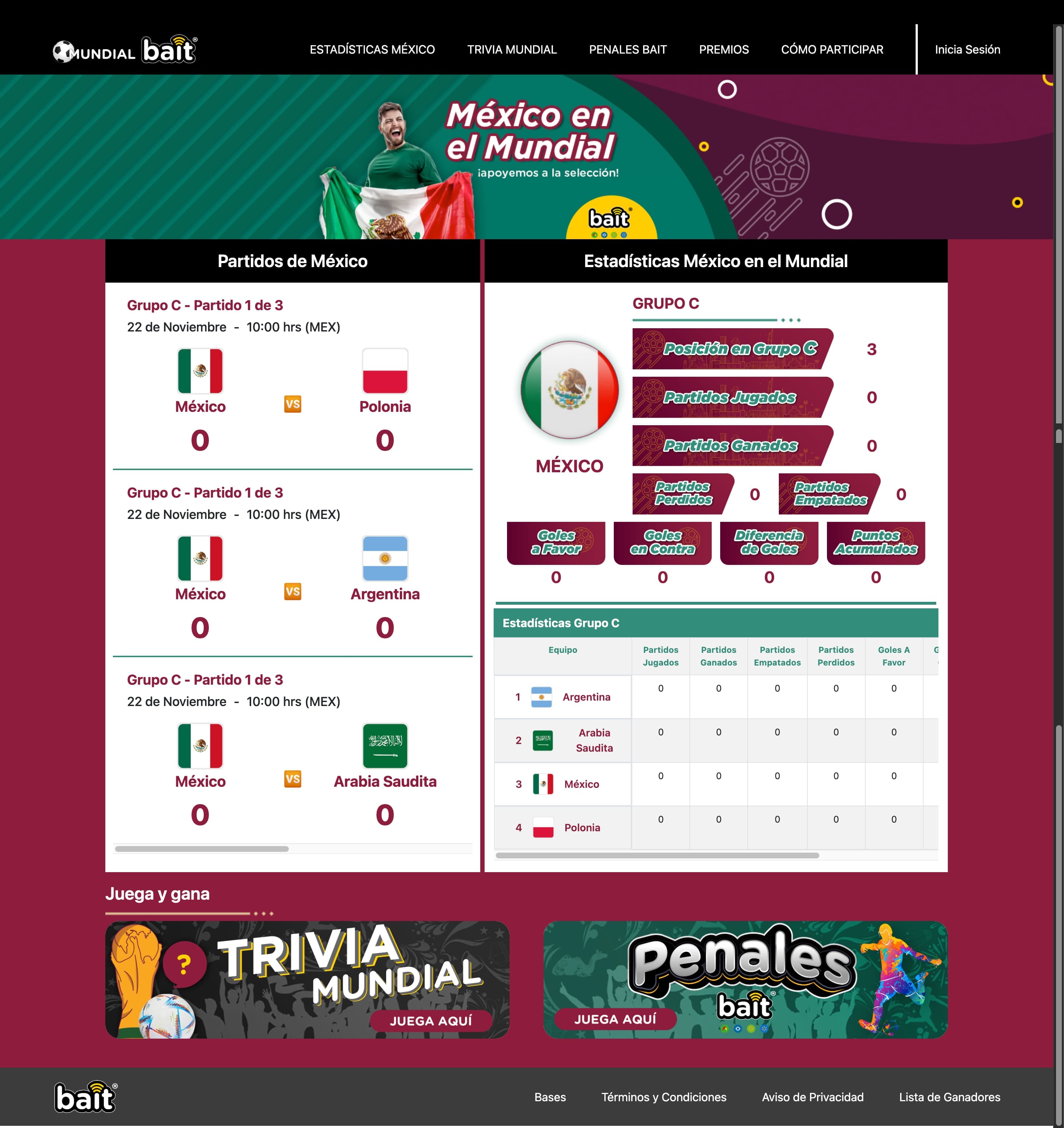 Bait World Cup microsite showing Mexico's Group C fixtures panel and the group statistics table