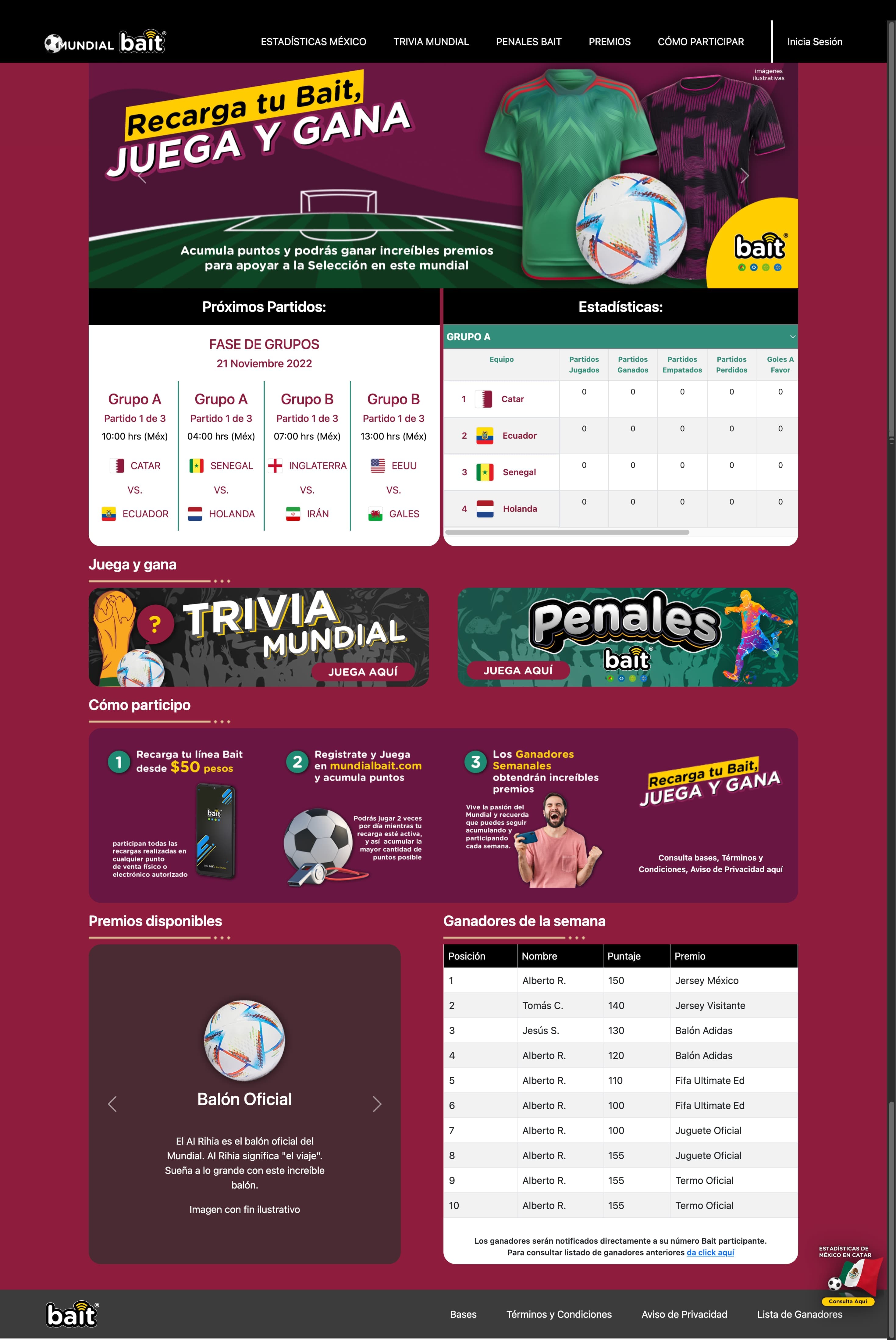Bait World Cup microsite homepage with the campaign hero, upcoming fixtures by group, how-to-participate steps, prizes, and weekly winners table