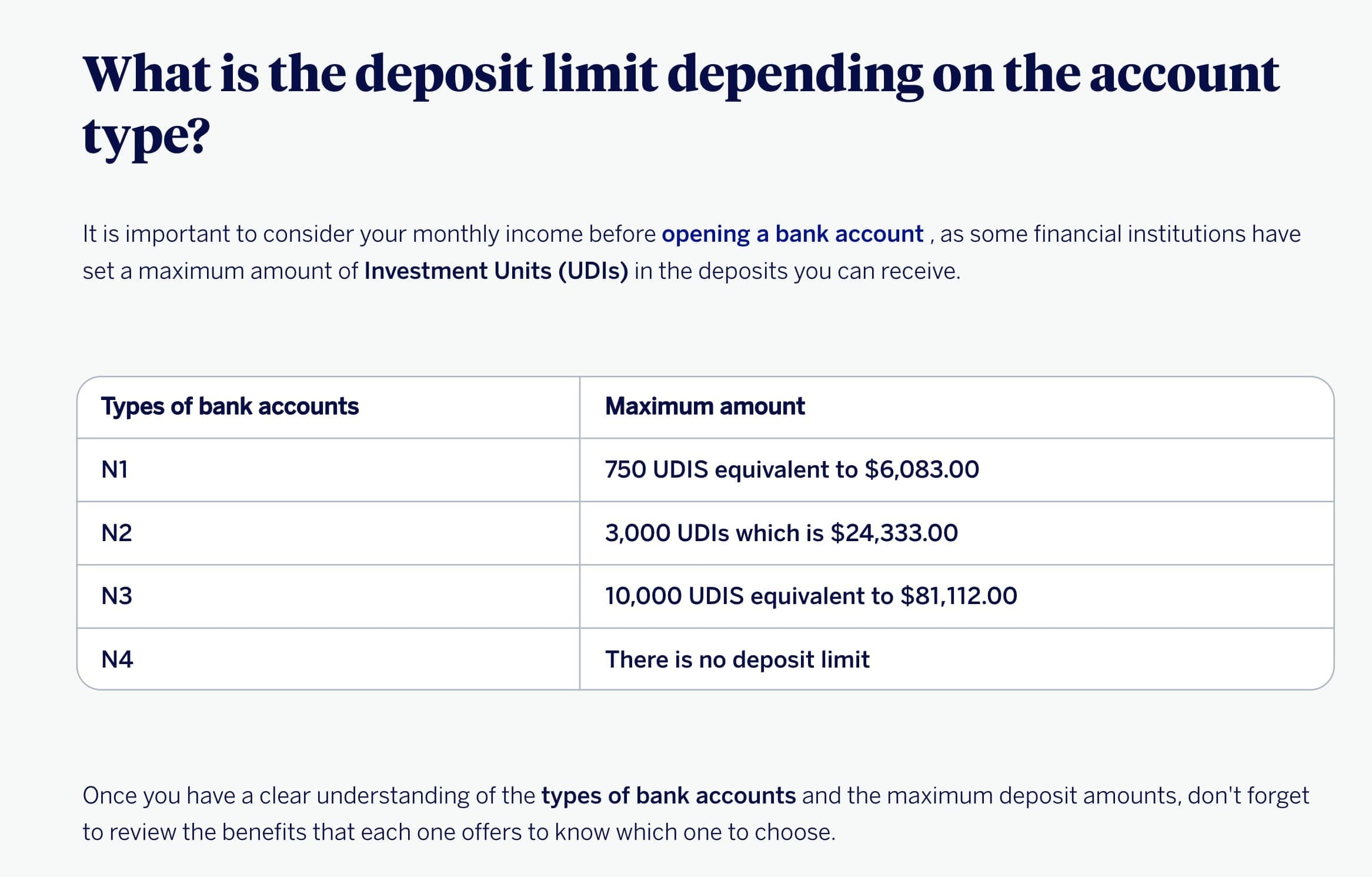 BBVA México's public financial-education page listing the four bank account types…